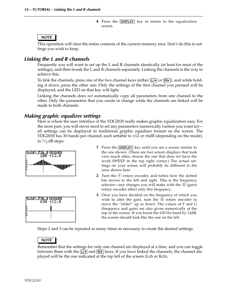 Linking the l and r channels, Making graphic equalizer settings | Yamaha YDG2030 User Manual | Page 16 / 27