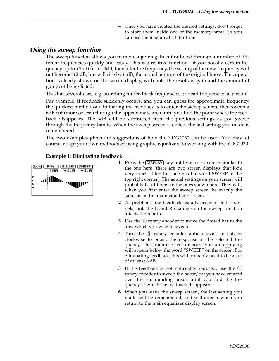 Using the sweep function, Example i: eliminating feedback | Yamaha YDG2030 User Manual | Page 17 / 27