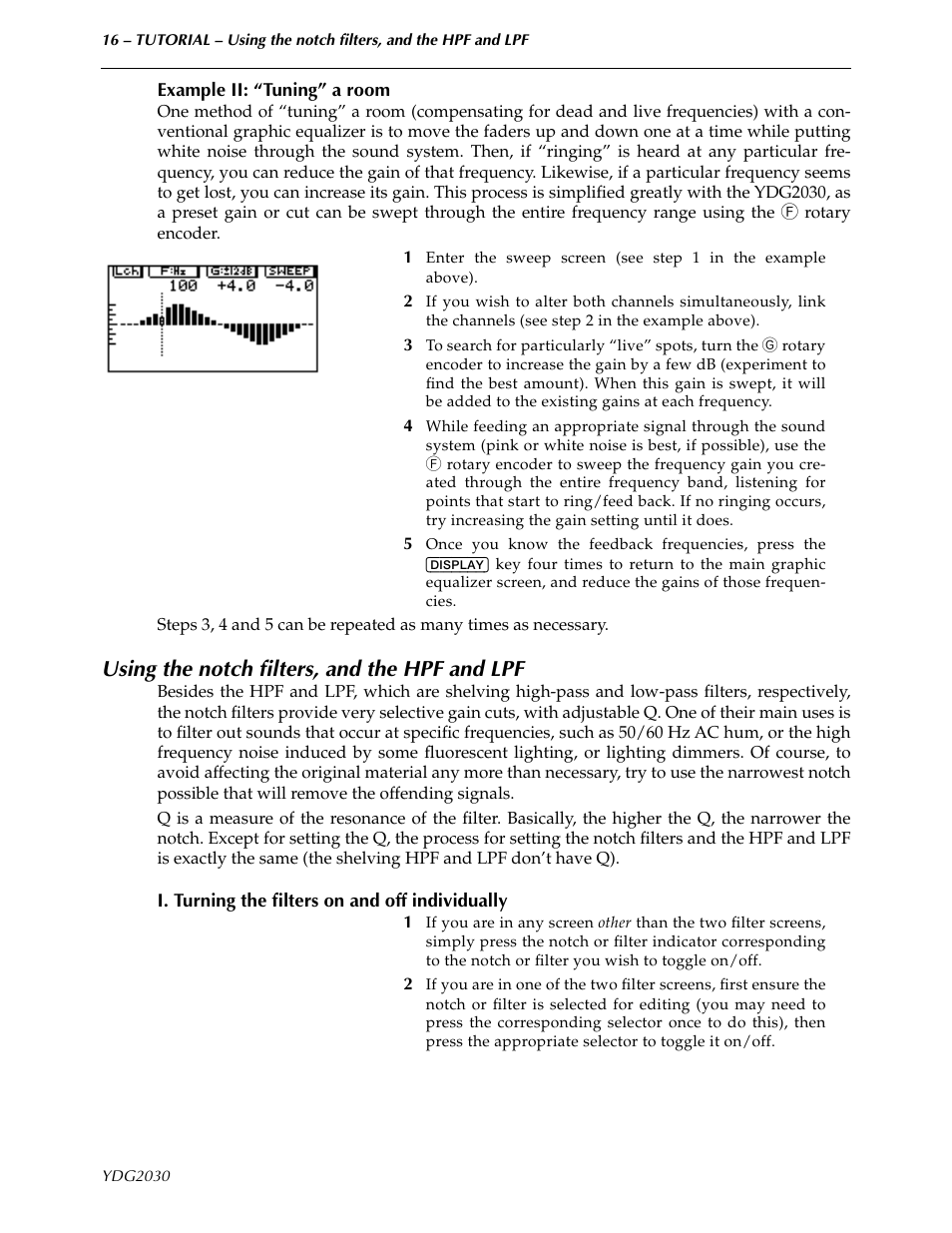 Example ii: “tuning” a room, Using the notch filters, and the hpf and lpf, I. turning the filters on and off individually | Yamaha YDG2030 User Manual | Page 18 / 27