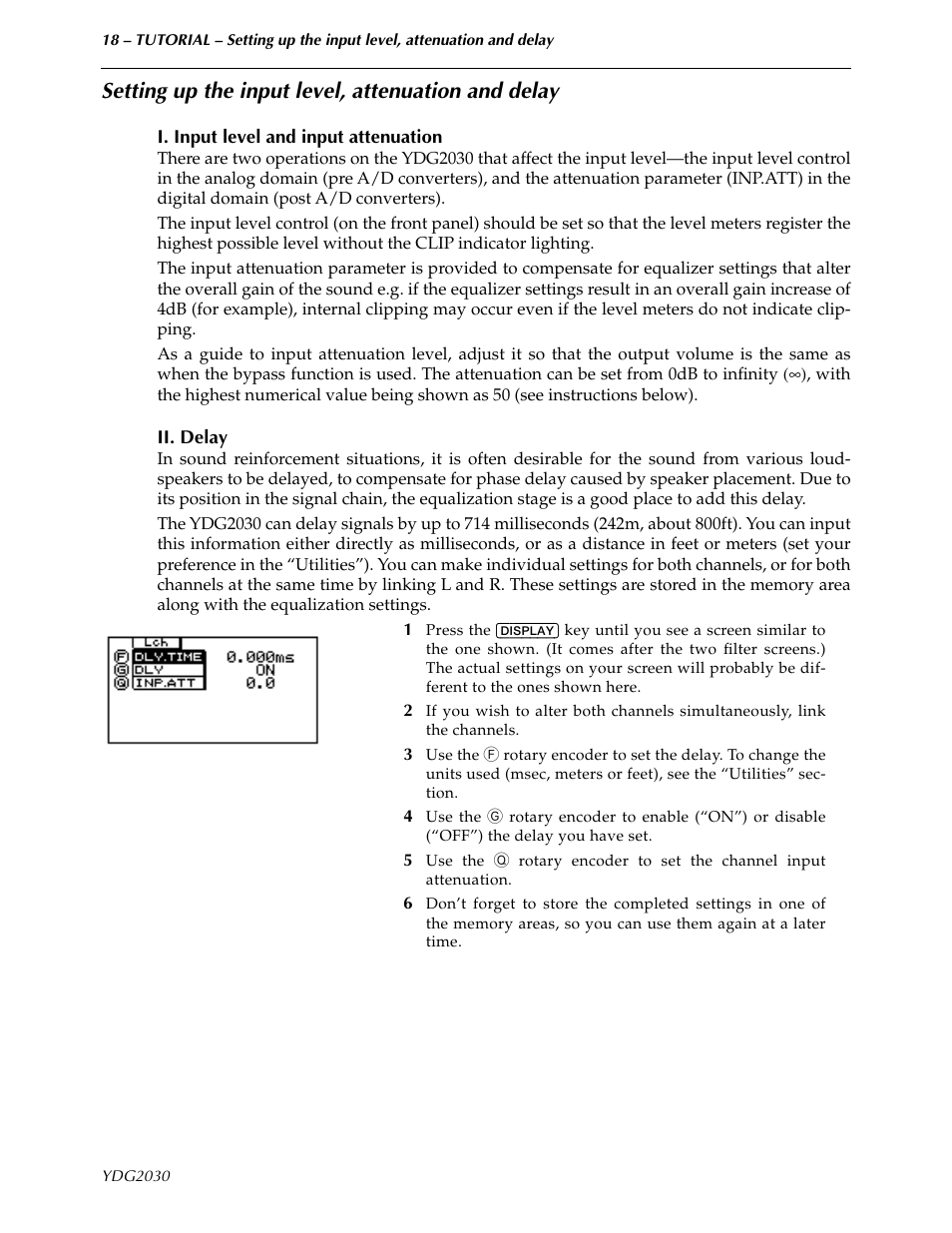 Setting up the input level, attenuation and delay, I. input level and input attenuation, Ii. delay | Yamaha YDG2030 User Manual | Page 20 / 27