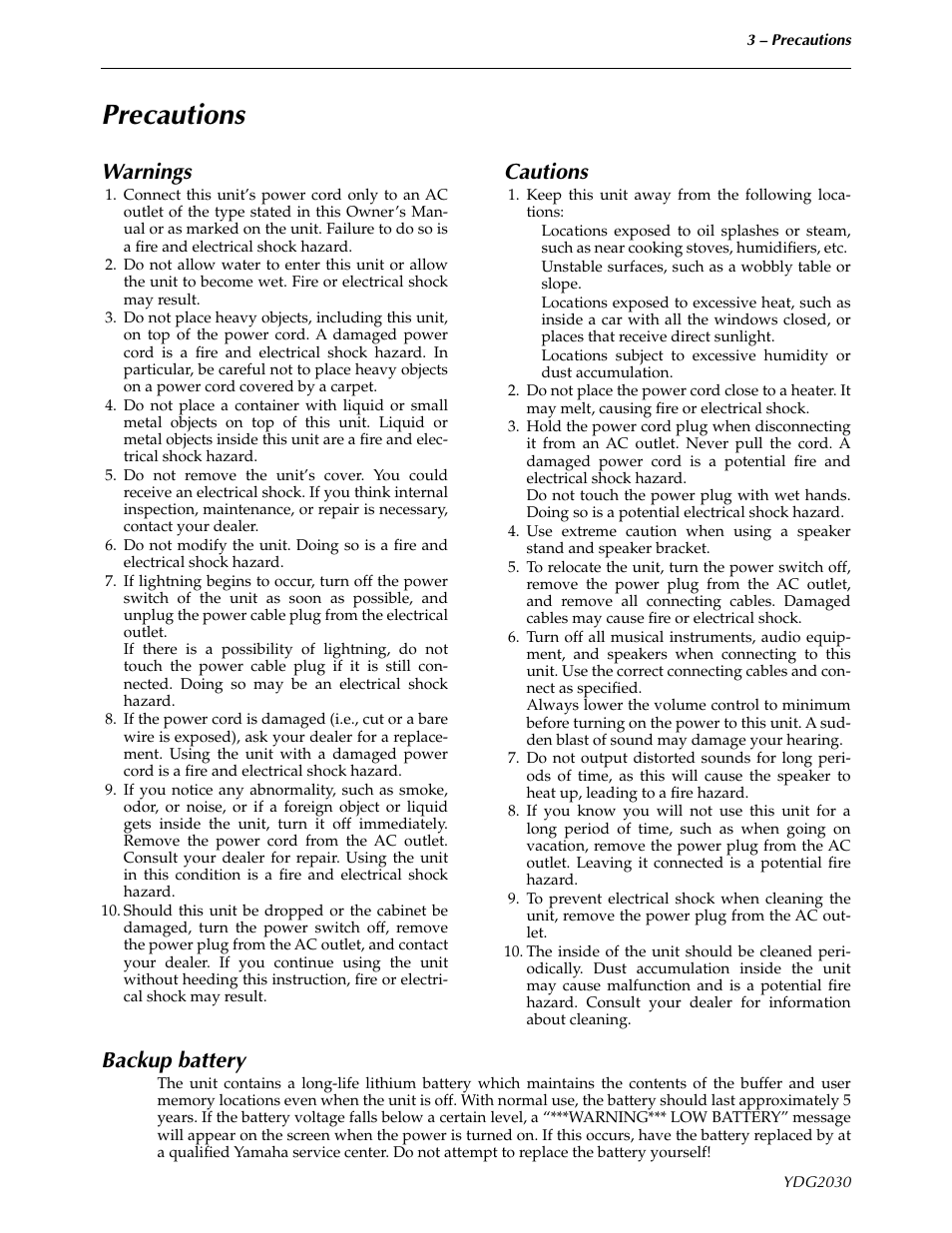 Precautions, Warnings, Cautions | Backup battery | Yamaha YDG2030 User Manual | Page 5 / 27