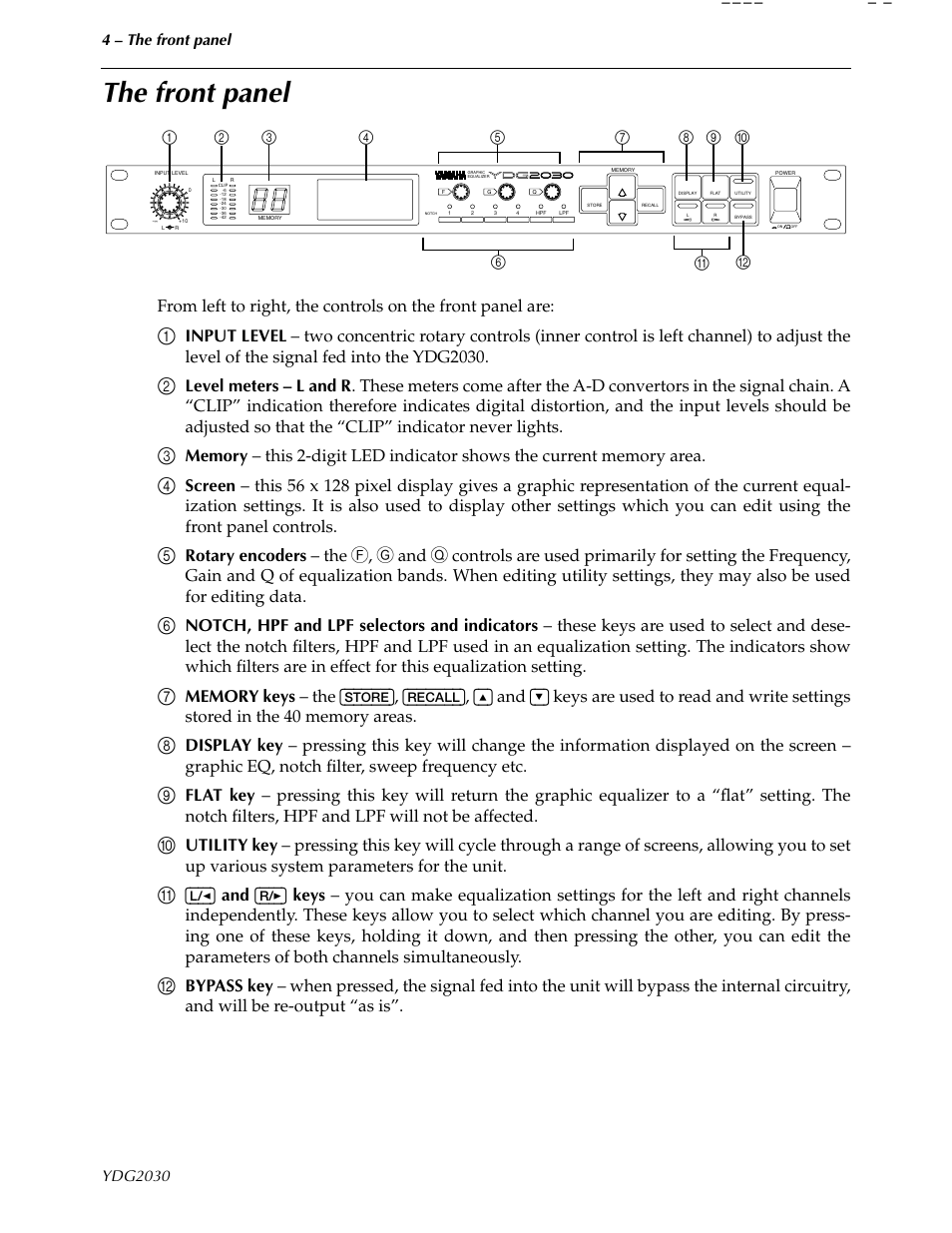 The front panel | Yamaha YDG2030 User Manual | Page 6 / 27
