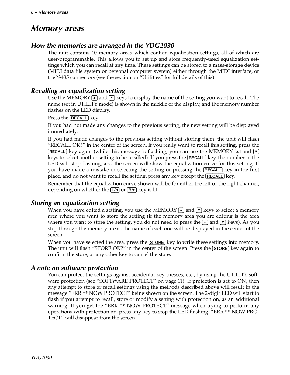 Memory areas, How the memories are arranged in the ydg2030, Recalling an equalization setting | Storing an equalization setting, A note on software protection | Yamaha YDG2030 User Manual | Page 8 / 27