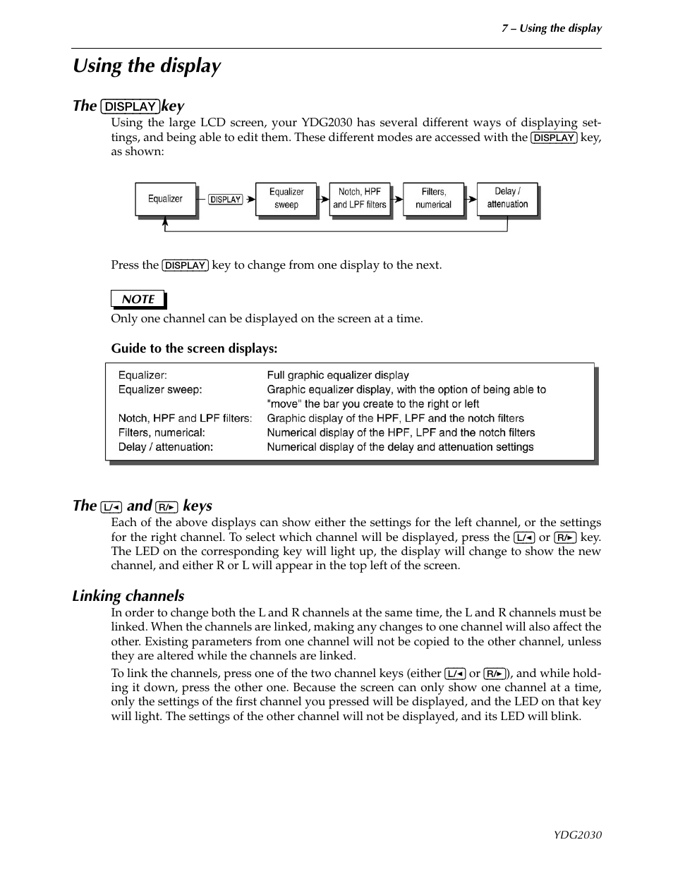 Using the display, The [display]key, The [l/<] and [r/>] keys | Linking channels, Display, Keys | Yamaha YDG2030 User Manual | Page 9 / 27