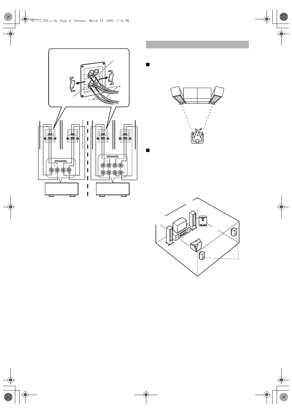 Placing the speakers, Bi-wired connection, Using as 2ch stereo speakers | Using as main speakers in a multi channel system | Yamaha NS-555 User Manual | Page 4 / 6