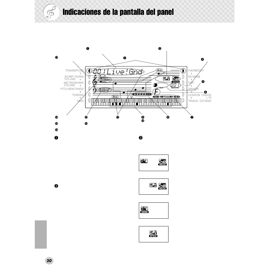 Indicaciones de la pantalla del panel, Live!gnd | Yamaha Portable Grand DGX-300 User Manual | Page 20 / 116