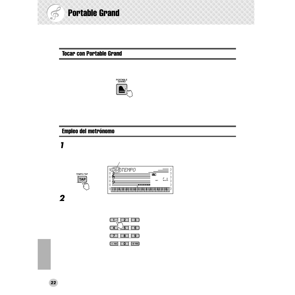 Portable grand, Tocar con portable grand, Empleo del metrónomo | Tocar con portable grand • empleo del metrónomo | Yamaha Portable Grand DGX-300 User Manual | Page 22 / 116