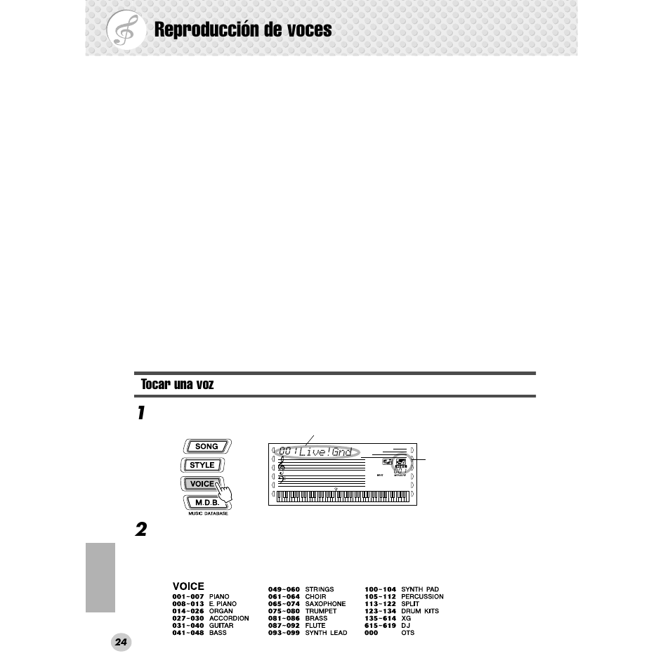 Reproducción de voces, Tocar una voz | Yamaha Portable Grand DGX-300 User Manual | Page 24 / 116