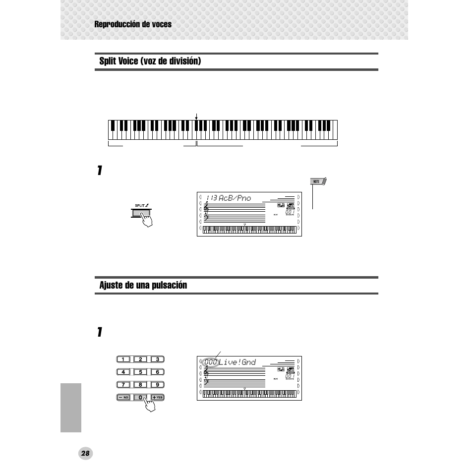 Split voice (voz de división), Ajuste de una pulsación, Reproducción de voces | Yamaha Portable Grand DGX-300 User Manual | Page 28 / 116