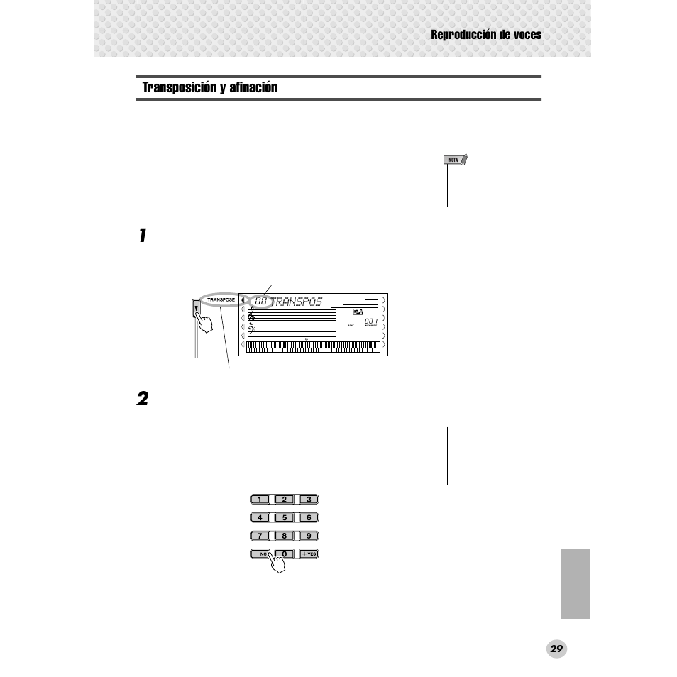 Transposición y afinación, Reproducción de voces | Yamaha Portable Grand DGX-300 User Manual | Page 29 / 116