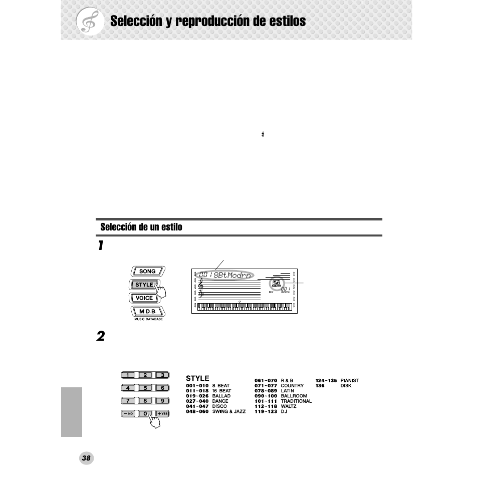 Selección y reproducción de estilos, Selección de un estilo | Yamaha Portable Grand DGX-300 User Manual | Page 38 / 116