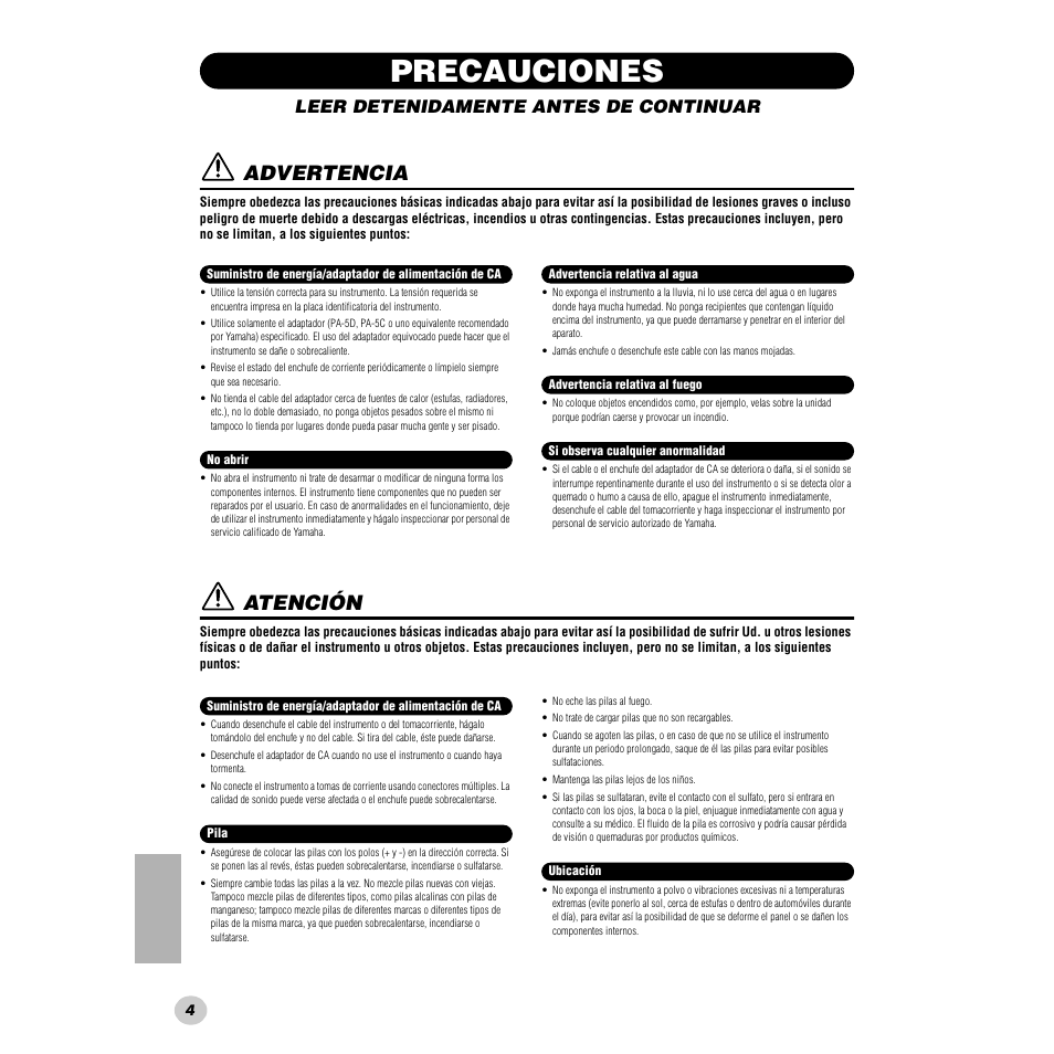 Precauciones, Advertencia, Atención | Leer detenidamente antes de continuar | Yamaha Portable Grand DGX-300 User Manual | Page 4 / 116