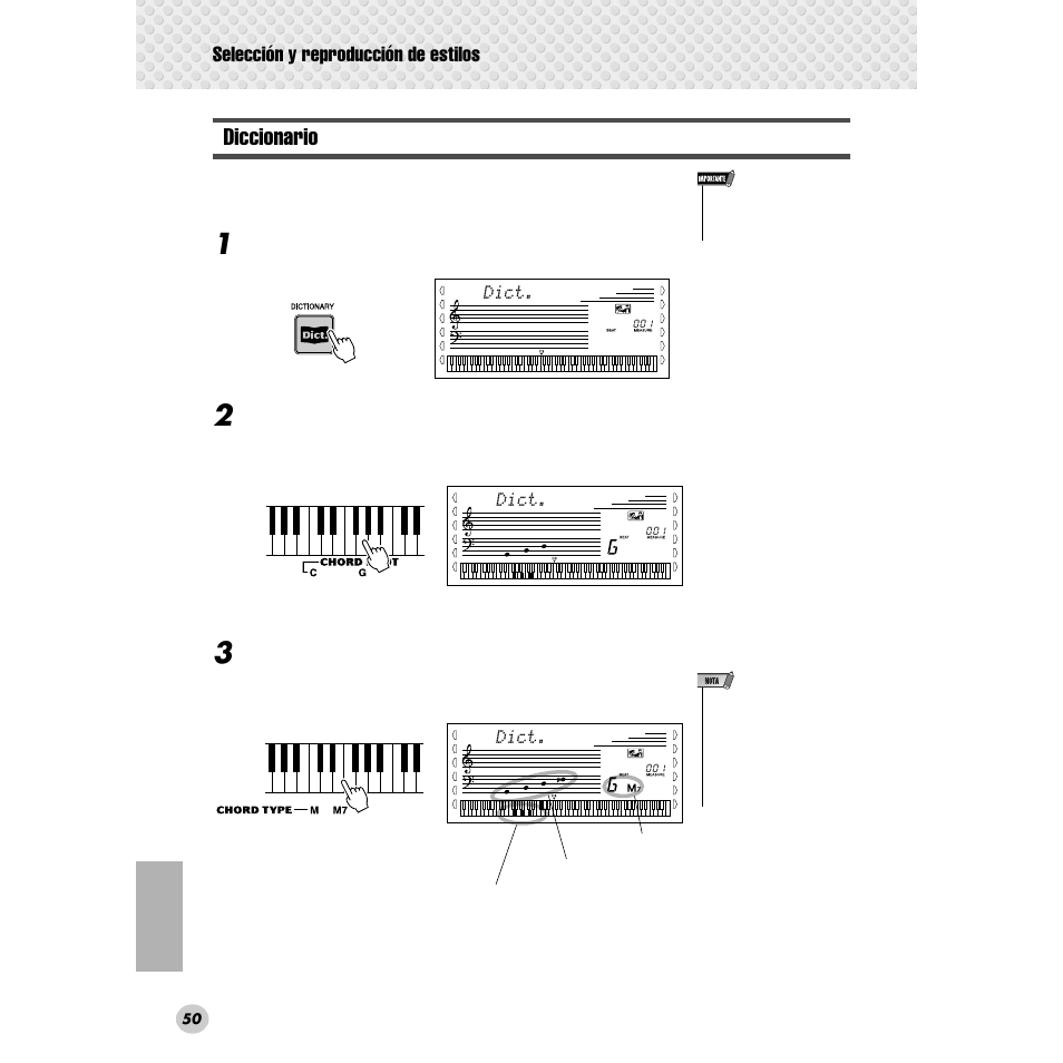 Diccionario, Selección y reproducción de estilos | Yamaha Portable Grand DGX-300 User Manual | Page 50 / 116