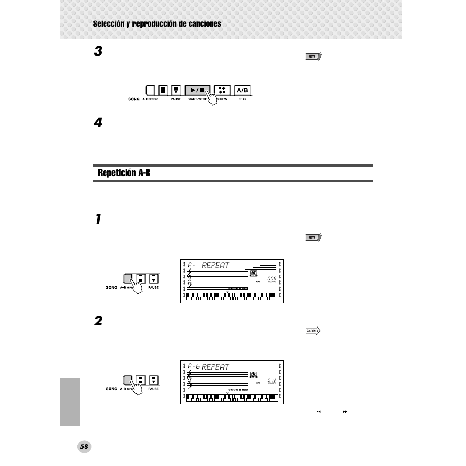 Repetición a-b, Selección y reproducción de canciones | Yamaha Portable Grand DGX-300 User Manual | Page 58 / 116