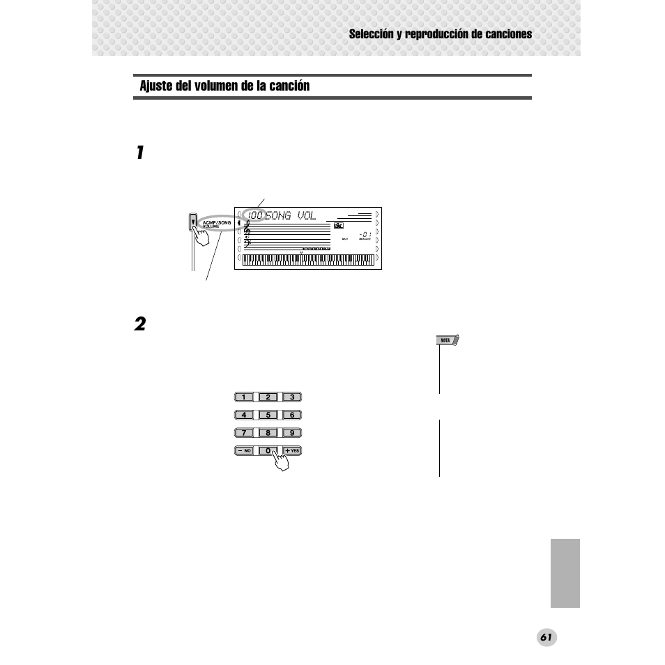 Ajuste del volumen de la canción, Selección y reproducción de canciones | Yamaha Portable Grand DGX-300 User Manual | Page 61 / 116