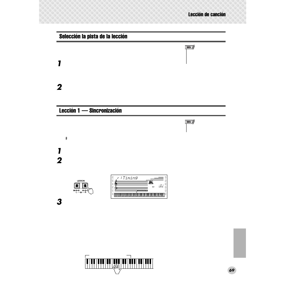 Selección la pista de la lección, Lección 1 — sincronización, Lección de canción | Yamaha Portable Grand DGX-300 User Manual | Page 69 / 116