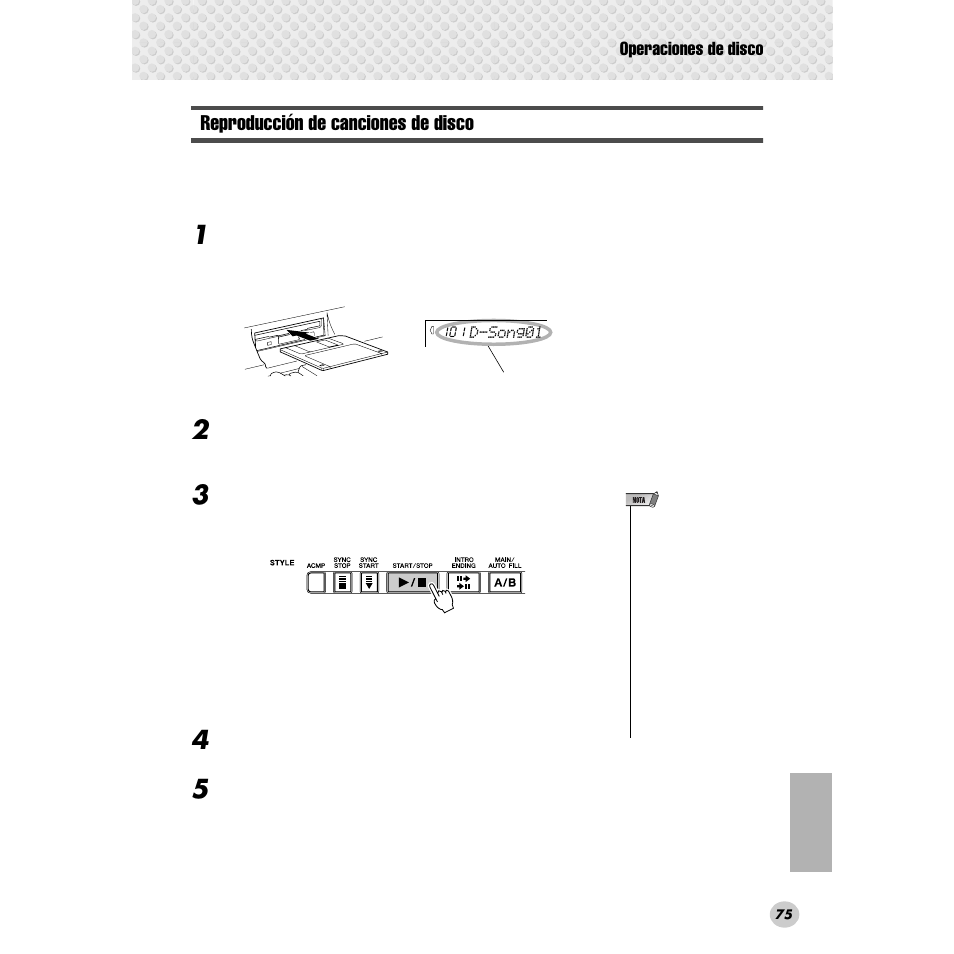 Reproducción de canciones de disco, Operaciones de disco | Yamaha Portable Grand DGX-300 User Manual | Page 75 / 116