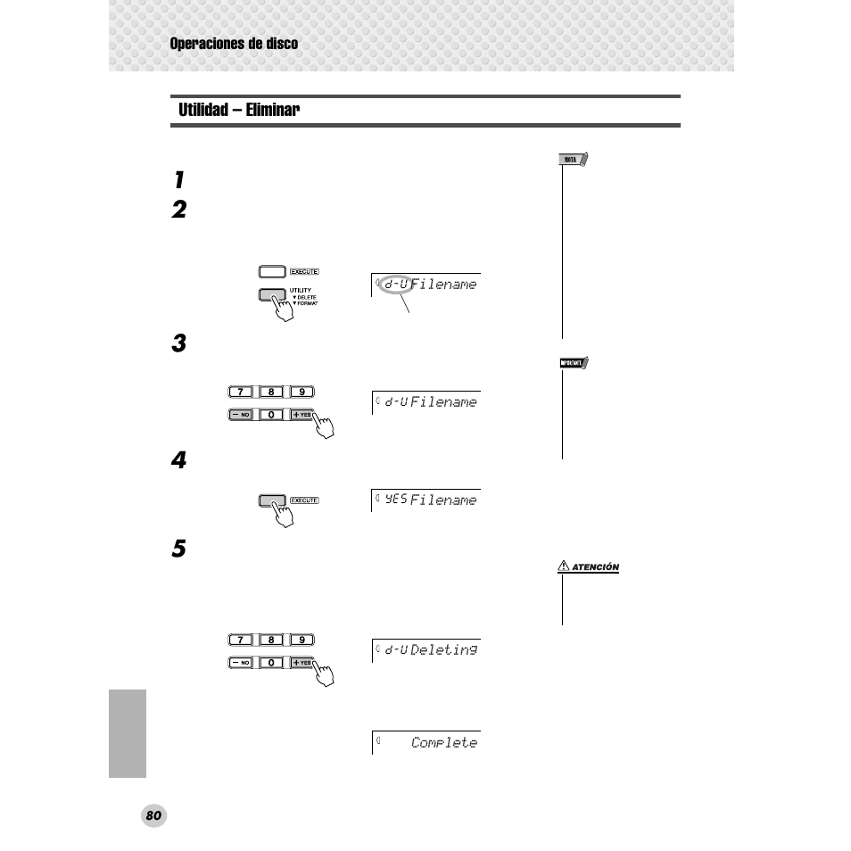 Utilidad – eliminar, Operaciones de disco | Yamaha Portable Grand DGX-300 User Manual | Page 80 / 116