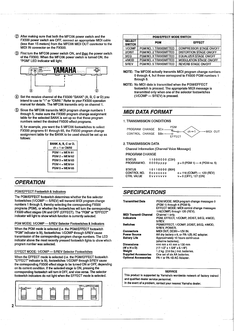 Yamaha, Operation, Midi data format | Specifications | Yamaha MFC06 User Manual | Page 2 / 8