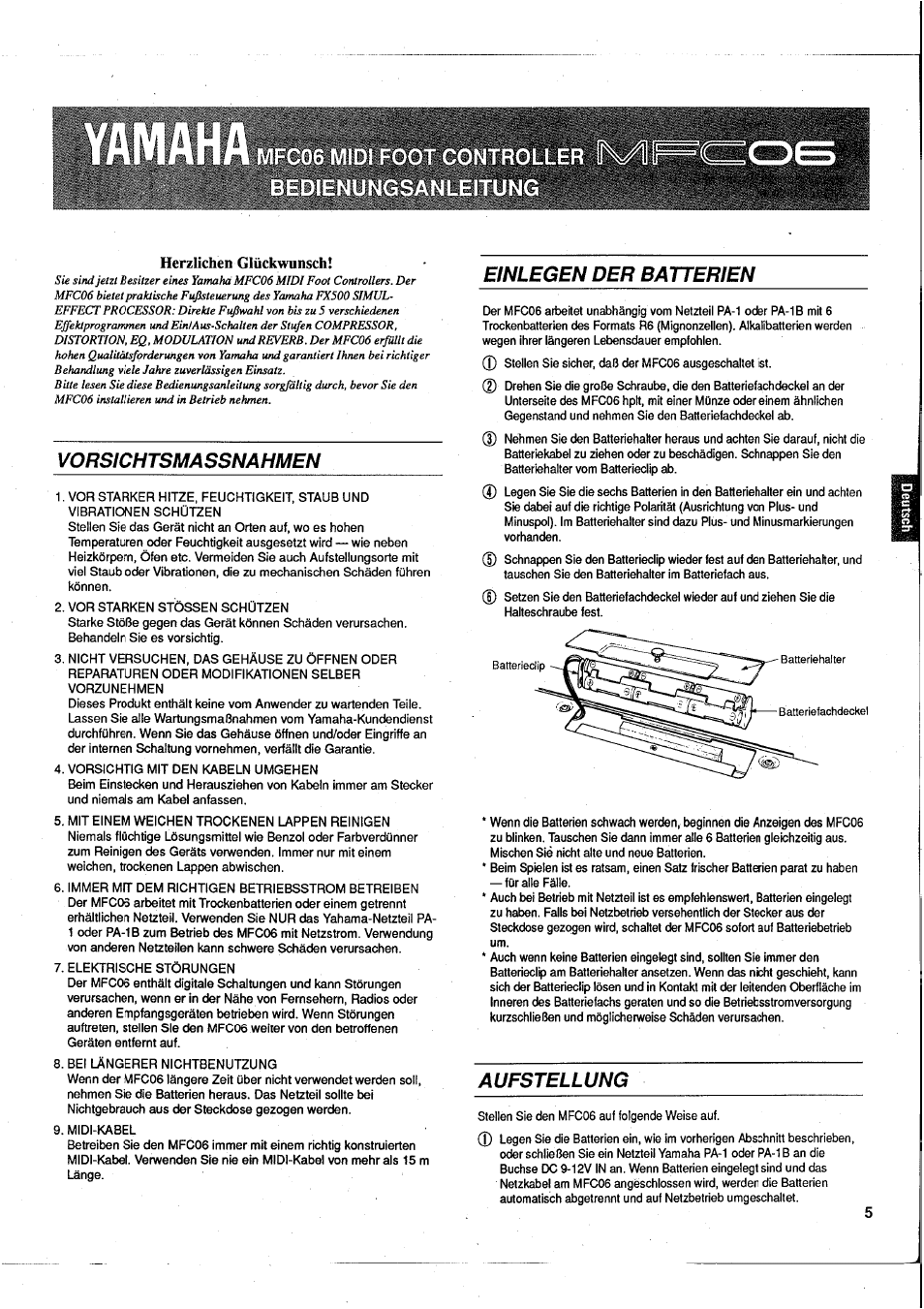 Herzlichen glückwunsch, Mfc06 midi foot contrc bedienungsanleitun, Vorsichtsmassnahmen | Einlegen der batterien, Aufstellung | Yamaha MFC06 User Manual | Page 5 / 8
