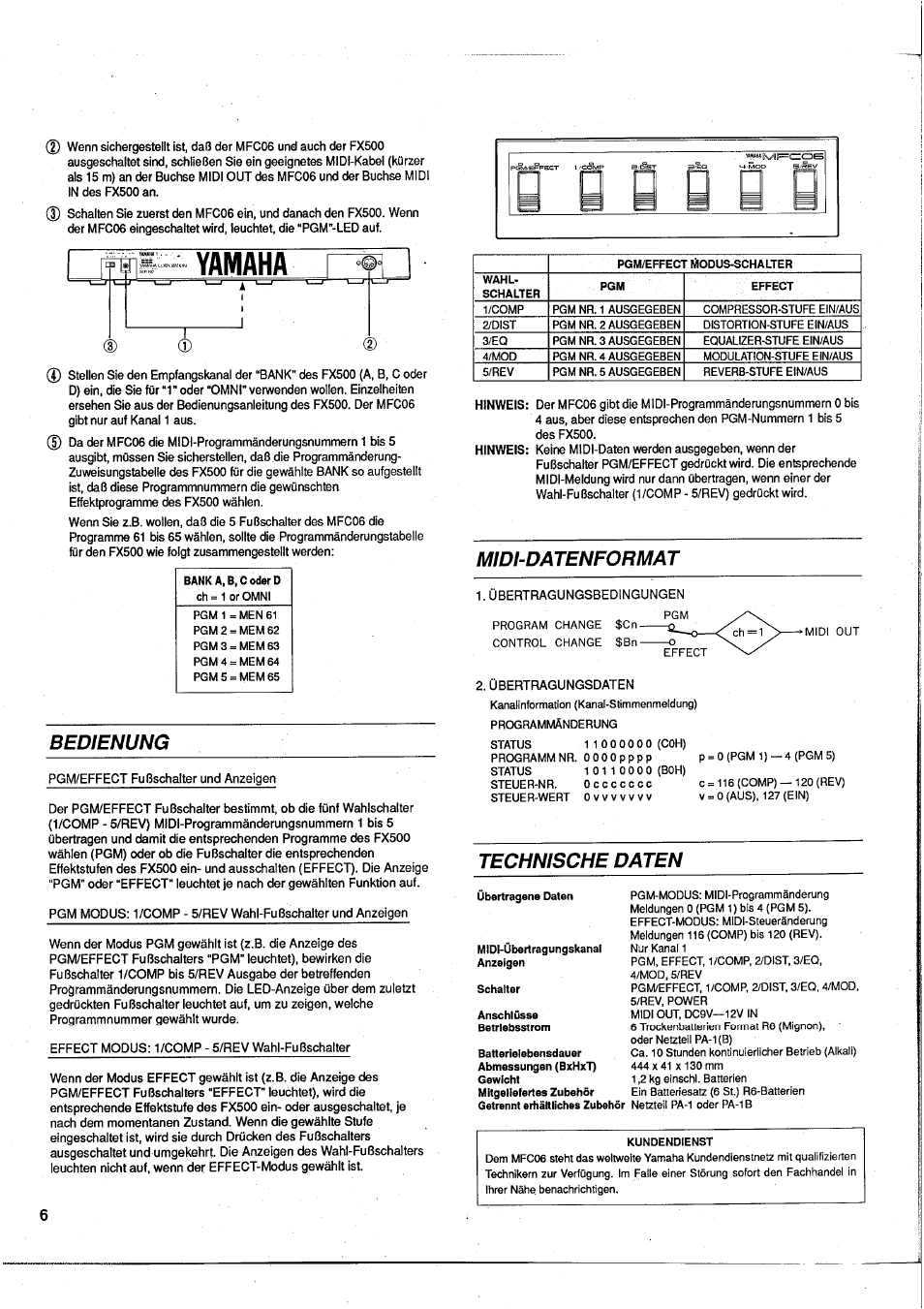 S d b, Rs yam aha c, Bedienung | Midi-datenformat, Technische daten | Yamaha MFC06 User Manual | Page 6 / 8