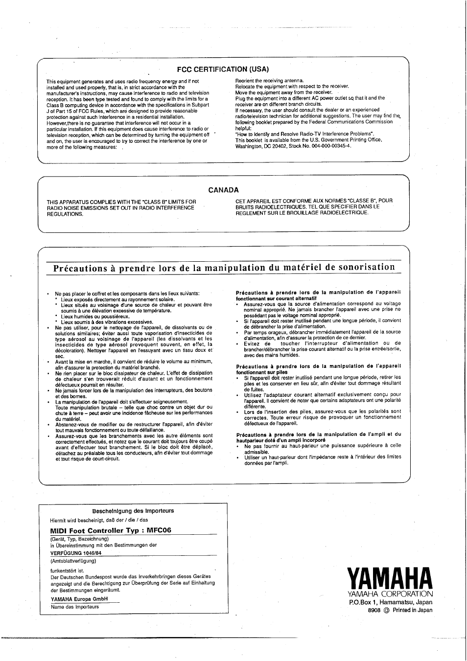 Yamaha, Fcc certification (usa), Canada | Yamaha MFC06 User Manual | Page 8 / 8