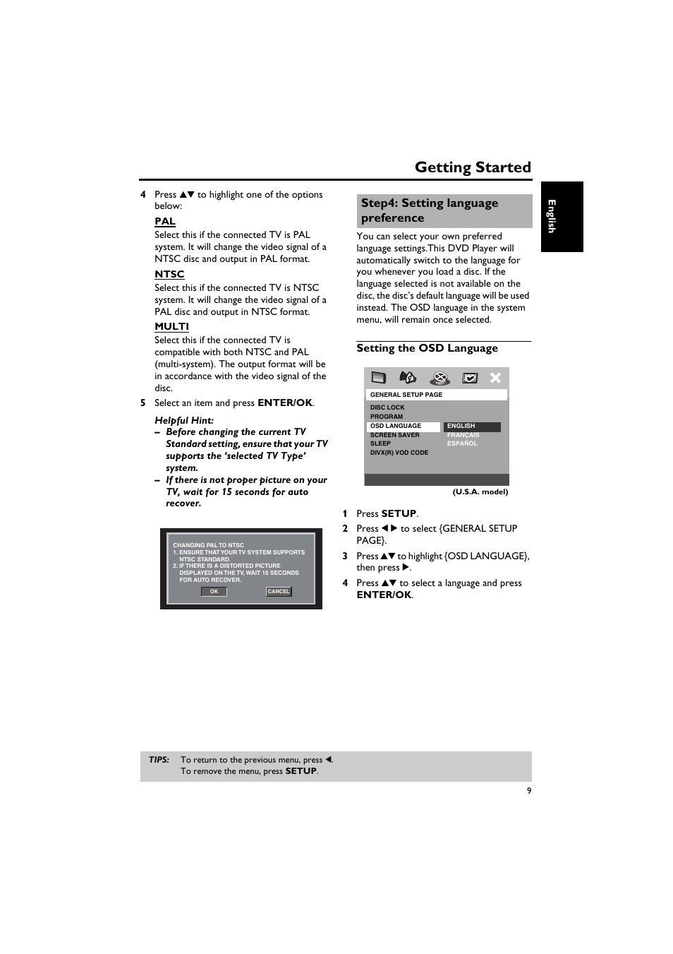 Step4: setting language preference, Setting the osd language, Setting language preference | Getting started | Yamaha DV-C6760 User Manual | Page 13 / 39