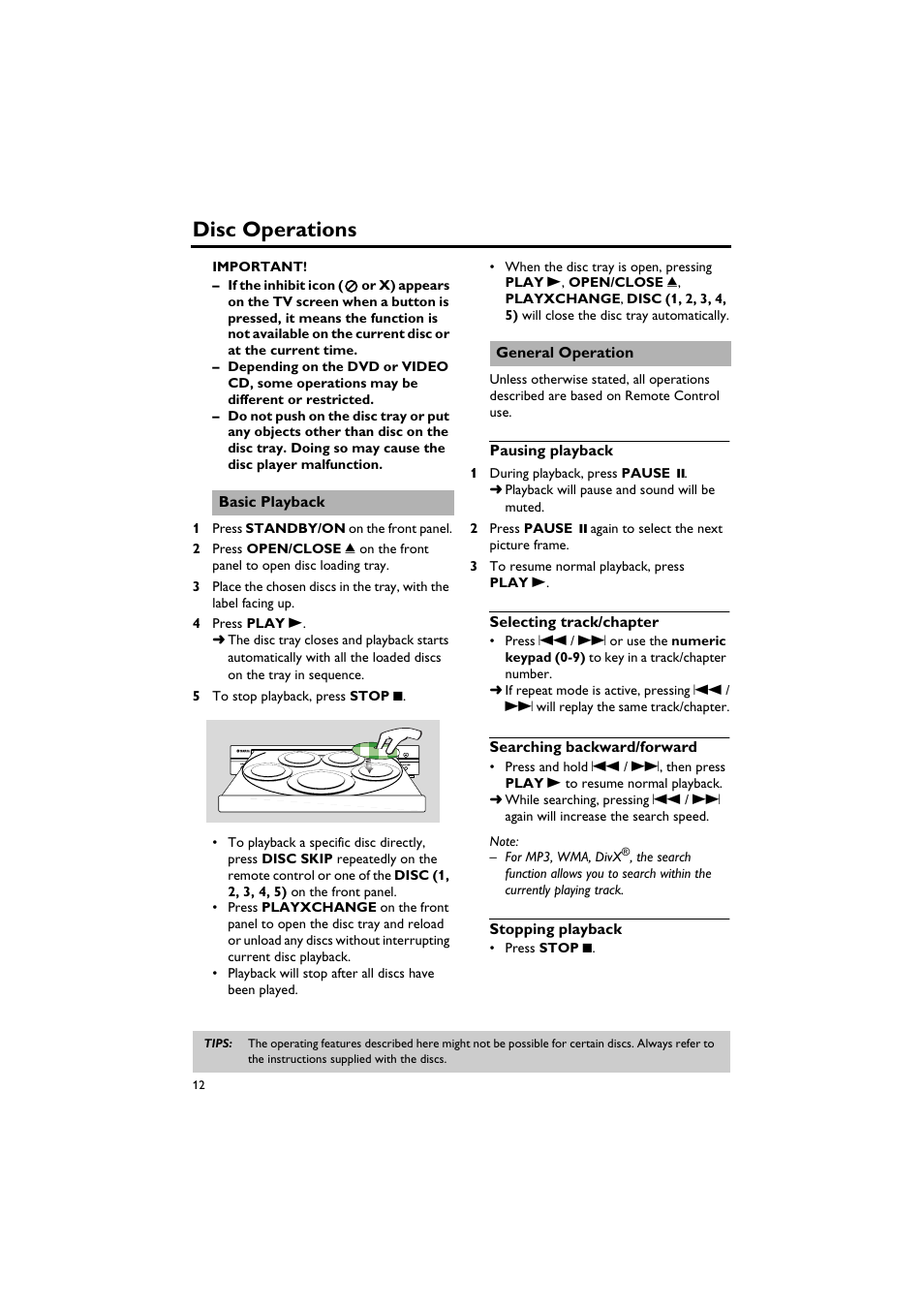 Disc operations, Basic playback, General operation | Pausing playback, Selecting track/chapter, Searching backward/forward, Stopping playback, Basic playback general operation | Yamaha DV-C6760 User Manual | Page 16 / 39