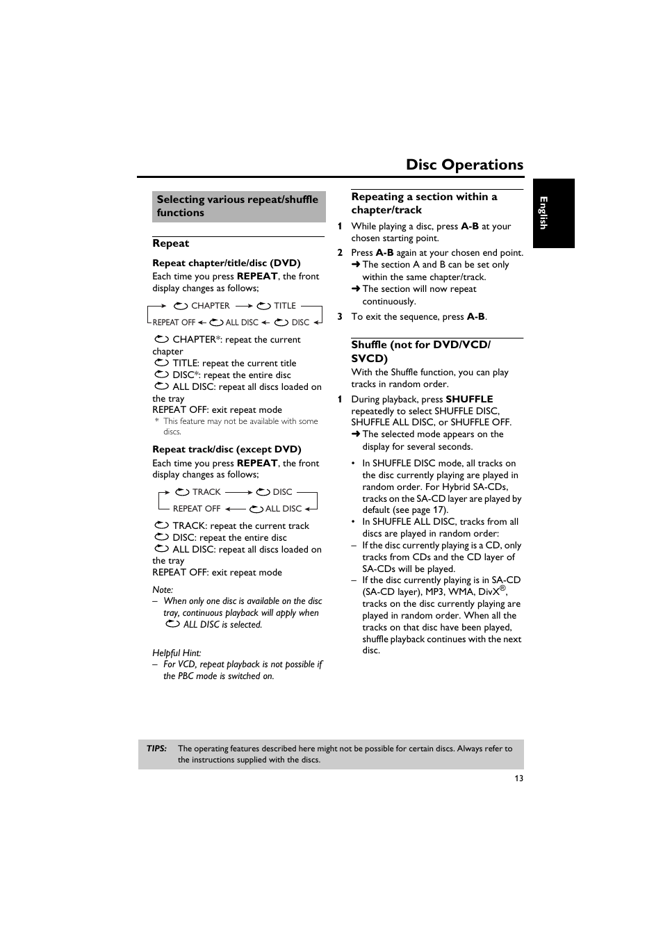 Selecting various repeat/shuffle functions, Repeat, Repeating a section within a chapter/track | Shuffle (not for dvd/vcd/ svcd), Disc operations | Yamaha DV-C6760 User Manual | Page 17 / 39
