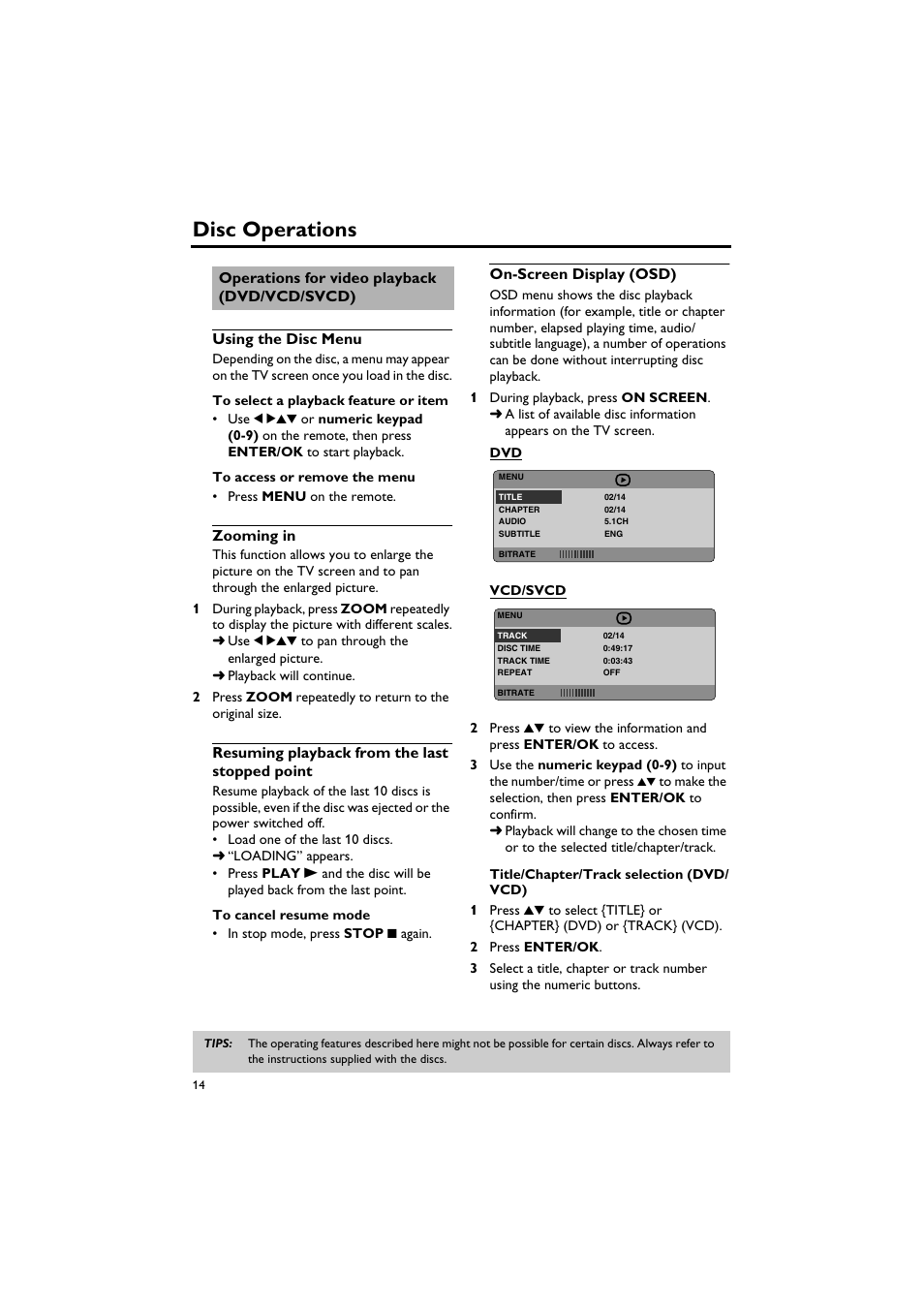 Operations for video playback (dvd/vcd/svcd), Using the disc menu, Zooming in | Resuming playback from the last stopped point, On-screen display (osd), Disc operations | Yamaha DV-C6760 User Manual | Page 18 / 39