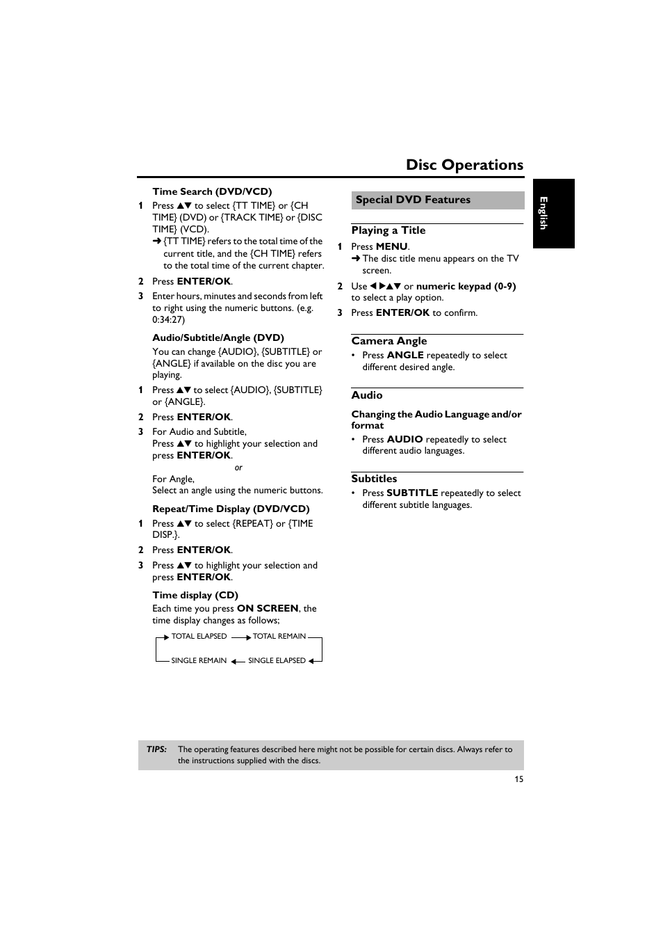 Special dvd features, Playing a title, Camera angle | Audio, Subtitles, Playing a title camera angle audio subtitles, Disc operations | Yamaha DV-C6760 User Manual | Page 19 / 39