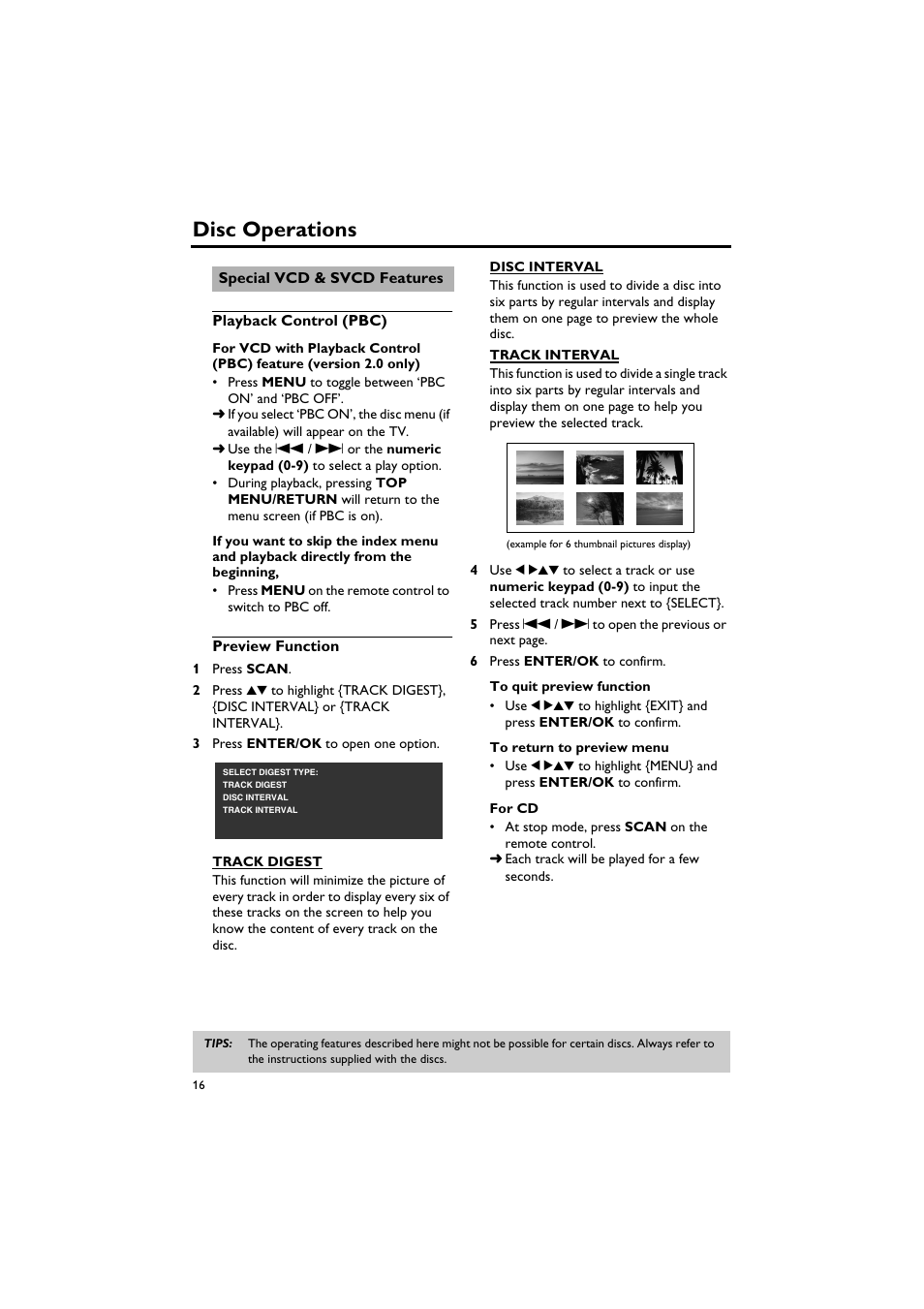 Special vcd & svcd features, Playback control (pbc), Preview function | Playback control (pbc) preview function, Disc operations | Yamaha DV-C6760 User Manual | Page 20 / 39