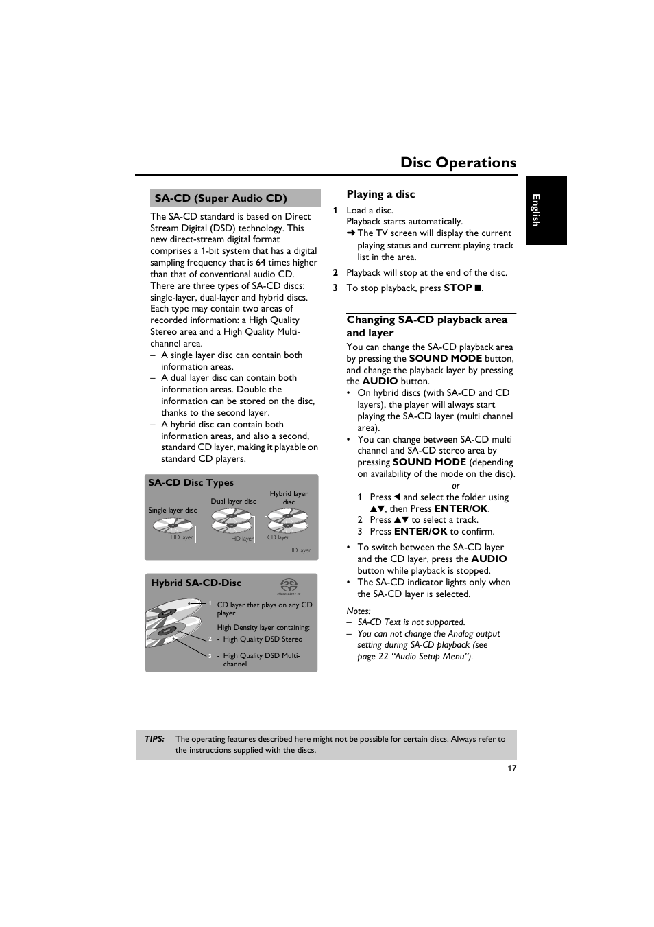 Sa-cd (super audio cd), Playing a disc, Changing sa-cd playback area and layer | Disc operations | Yamaha DV-C6760 User Manual | Page 21 / 39