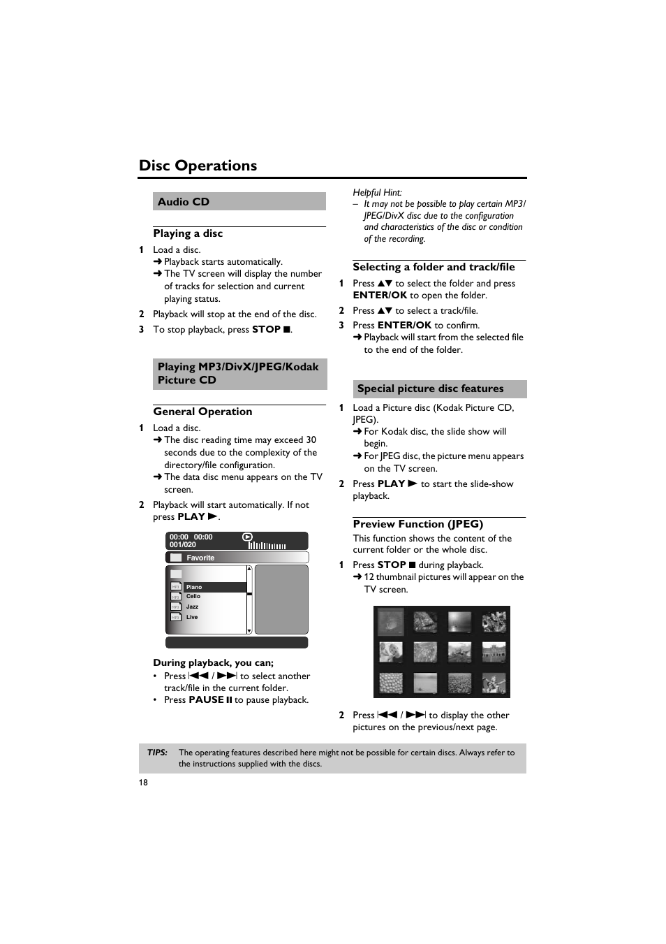 Audio cd, Playing a disc, Playing mp3/divx/jpeg/kodak picture cd | General operation, Selecting a folder and track/file, Special picture disc features, Preview function (jpeg), Disc operations | Yamaha DV-C6760 User Manual | Page 22 / 39