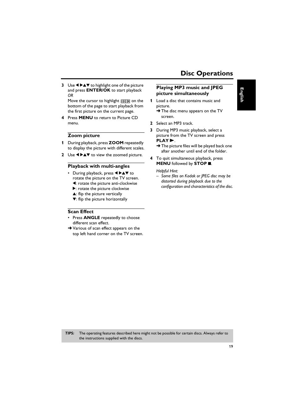 Zoom picture, Playback with multi-angles, Scan effect | Playing mp3 music and jpeg picture simultaneously, Disc operations | Yamaha DV-C6760 User Manual | Page 23 / 39