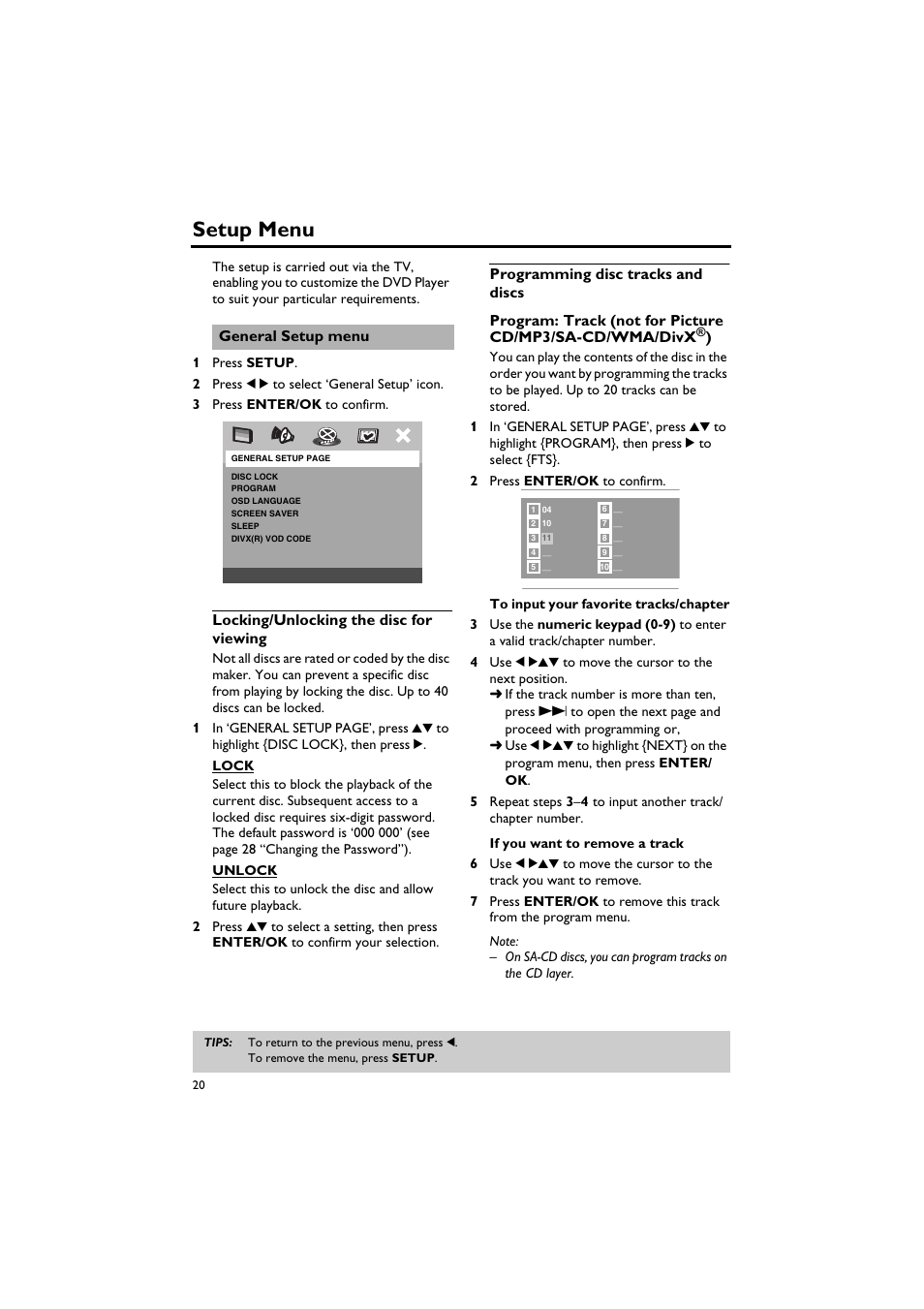 Setup menu, General setup menu, Locking/unlocking the disc for viewing | Programming disc tracks and discs | Yamaha DV-C6760 User Manual | Page 24 / 39