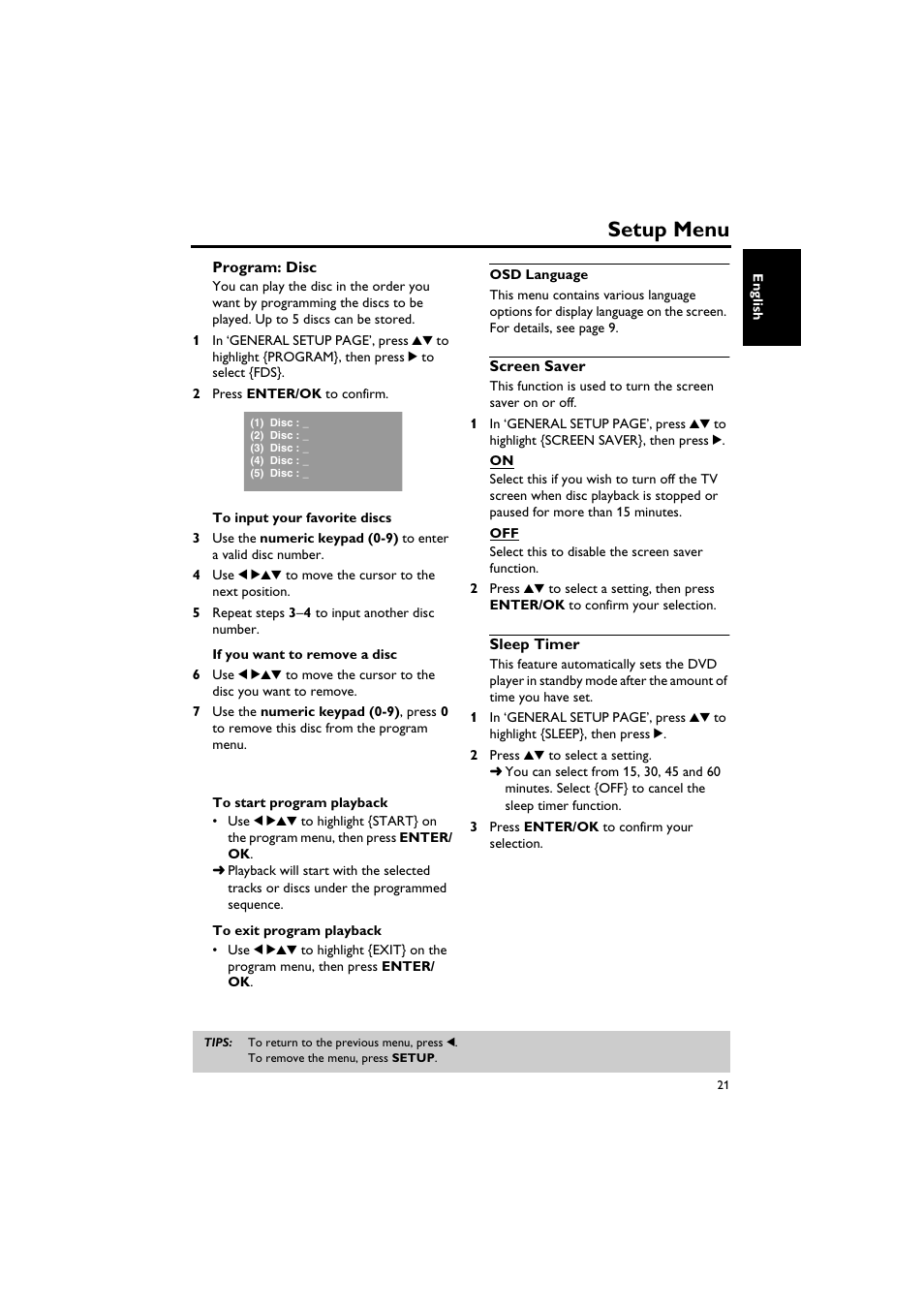 Osd language, Screen saver, Sleep timer | Osd language screen saver sleep timer, Setup menu | Yamaha DV-C6760 User Manual | Page 25 / 39