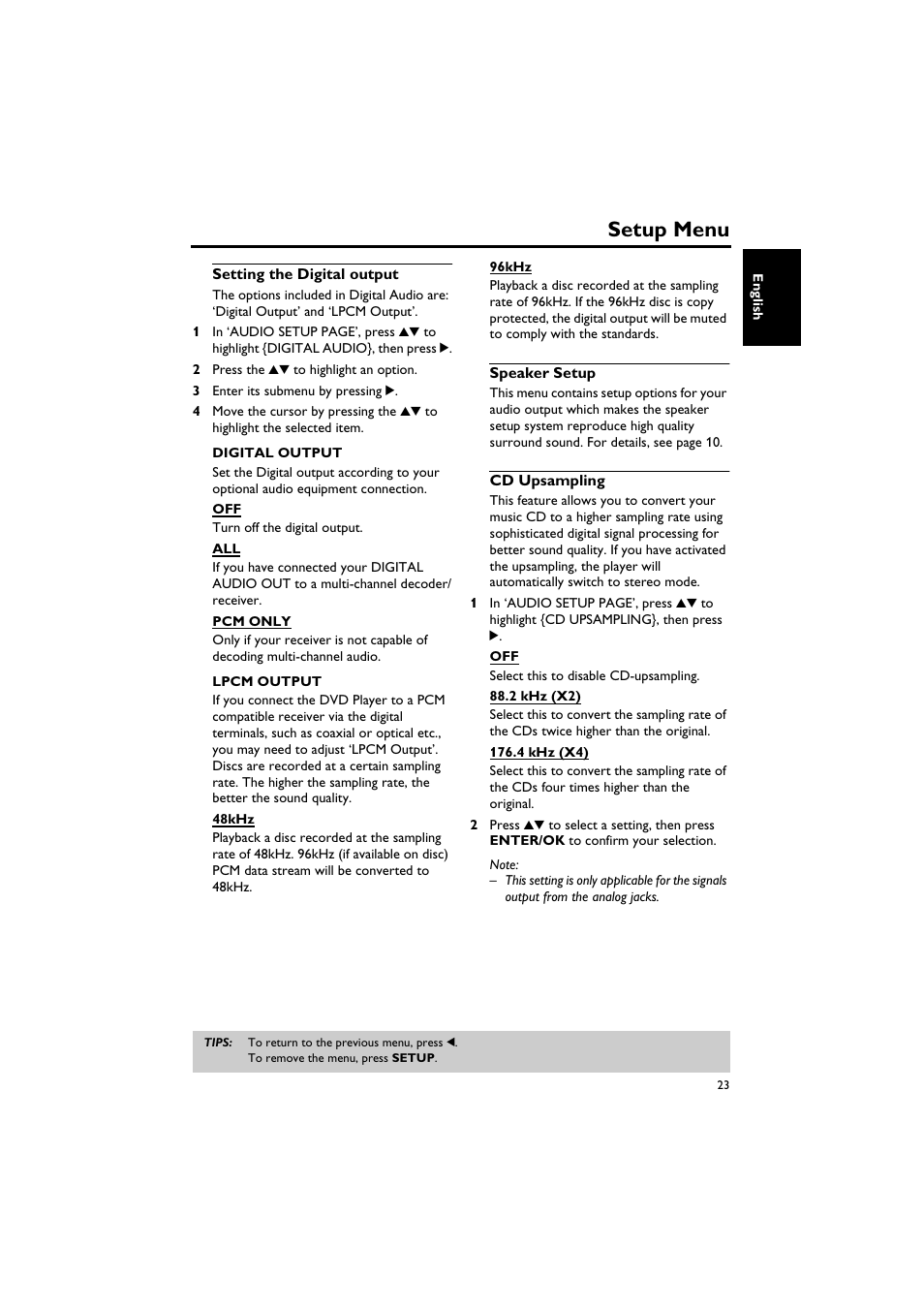 Setting the digital output, Speaker setup, Cd upsampling | Setup menu | Yamaha DV-C6760 User Manual | Page 27 / 39