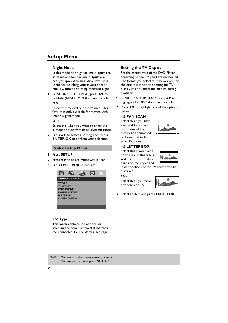 Night mode, Video setup menu, Tv type | Setting the tv display, Tv type setting the tv display, Setup menu | Yamaha DV-C6760 User Manual | Page 28 / 39