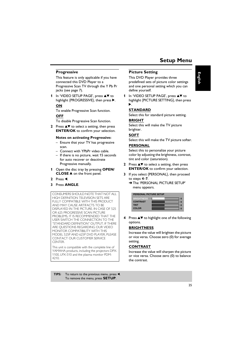 Progressive, Picture setting, Progressive picture setting | Setup menu | Yamaha DV-C6760 User Manual | Page 29 / 39