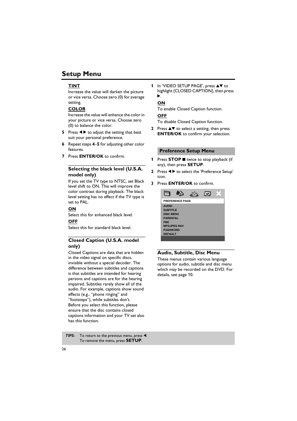 Selecting the black level (u.s.a. model only), Closed caption (u.s.a. model only), Preference setup menu | Audio, subtitle, disc menu, Setup menu | Yamaha DV-C6760 User Manual | Page 30 / 39