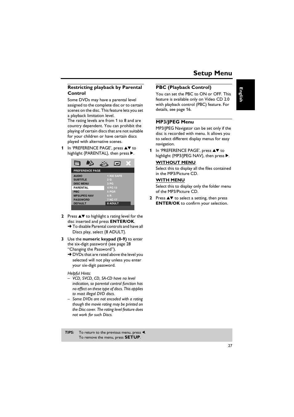 Restricting playback by parental control, Pbc (playback control), Mp3/jpeg menu | Setup menu | Yamaha DV-C6760 User Manual | Page 31 / 39