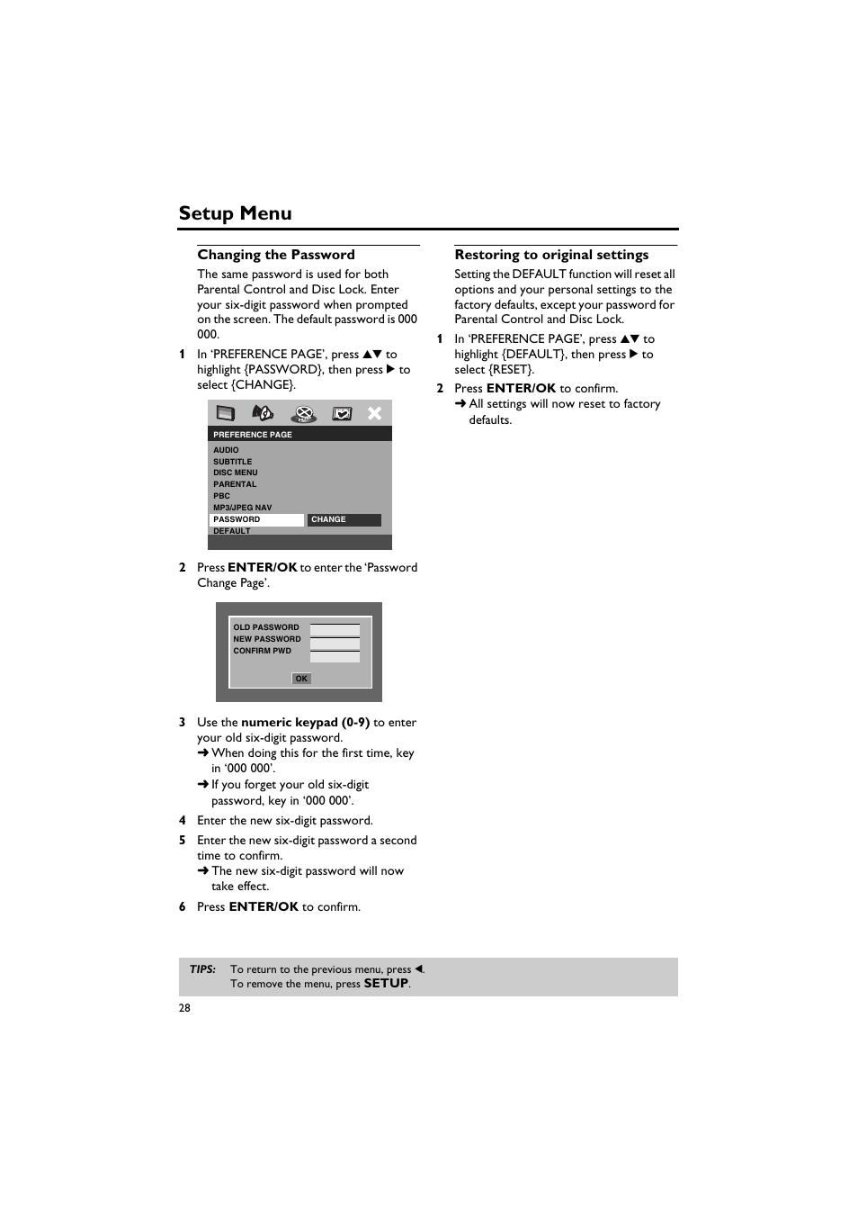 Changing the password, Restoring to original settings, Setup menu | Yamaha DV-C6760 User Manual | Page 32 / 39