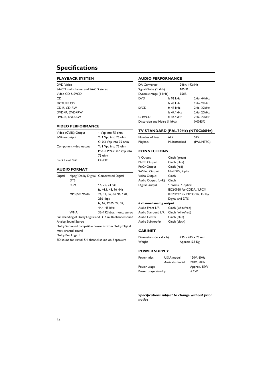 Specifications | Yamaha DV-C6760 User Manual | Page 38 / 39