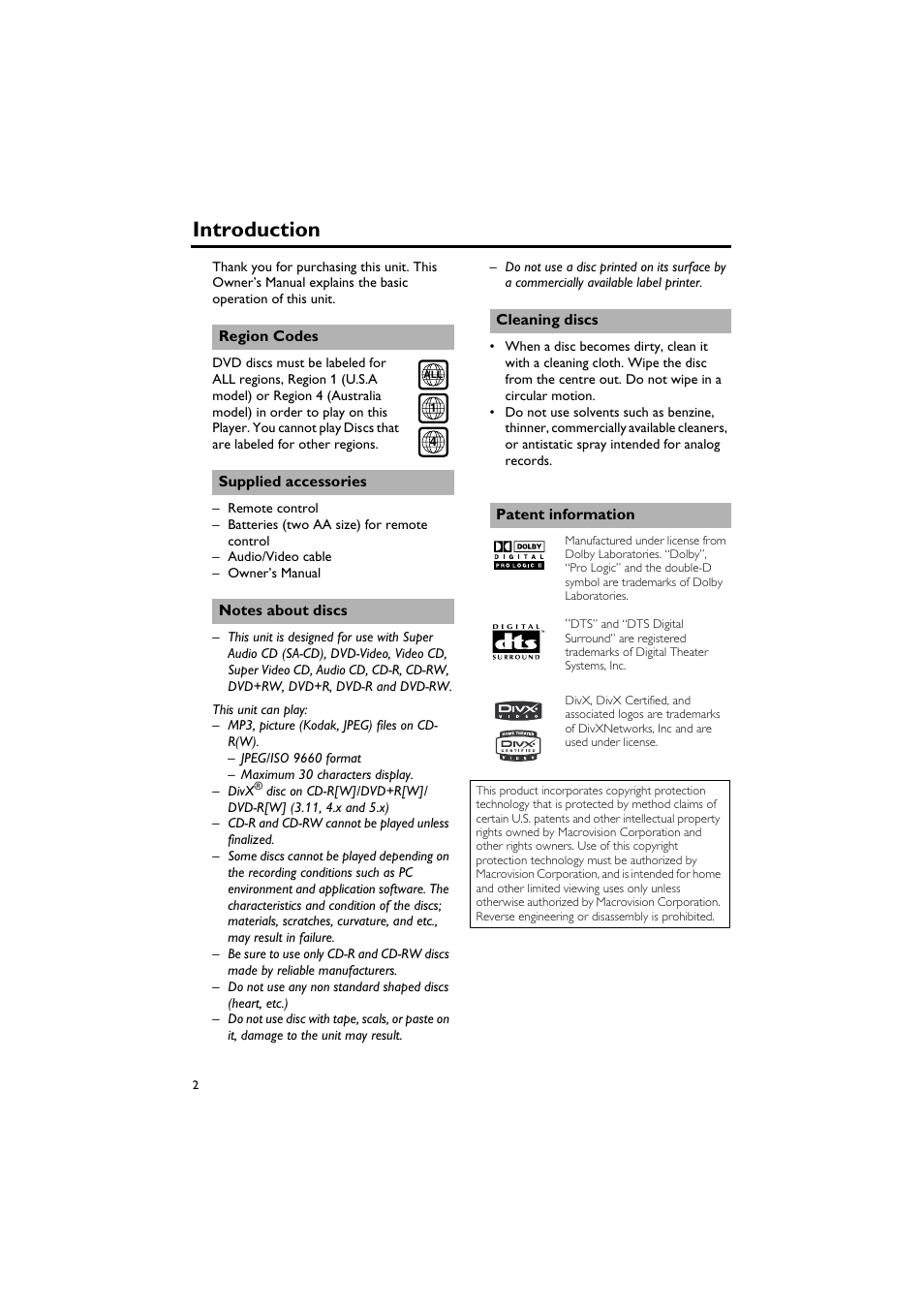 Introduction, Region codes, Supplied accessories | Notes about discs, Cleaning discs, Patent information | Yamaha DV-C6760 User Manual | Page 6 / 39