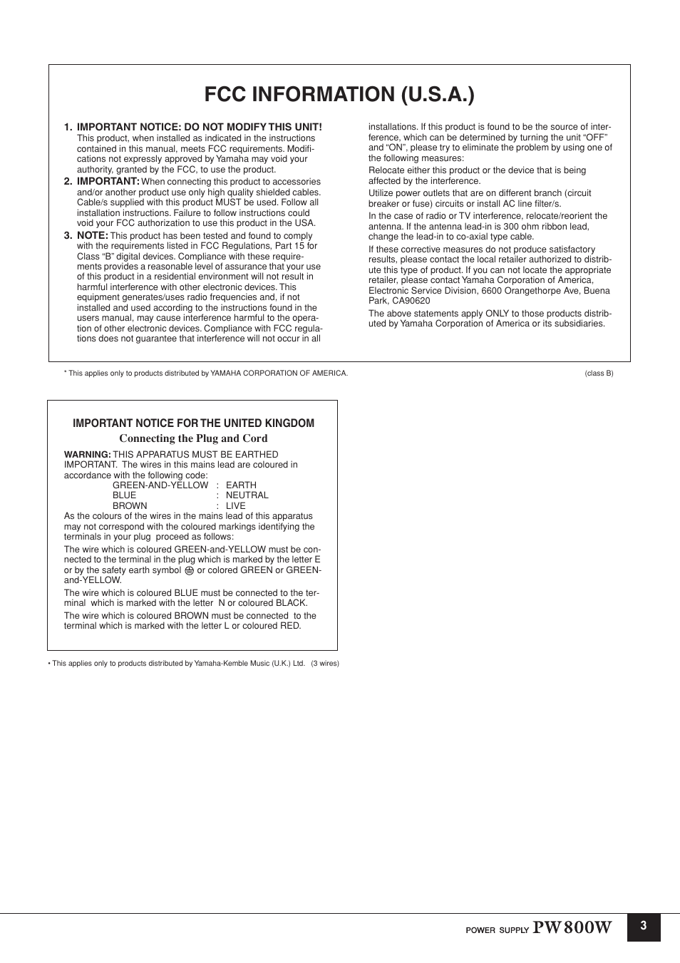 Fcc information (u.s.a.) | Yamaha PW800W User Manual | Page 3 / 10