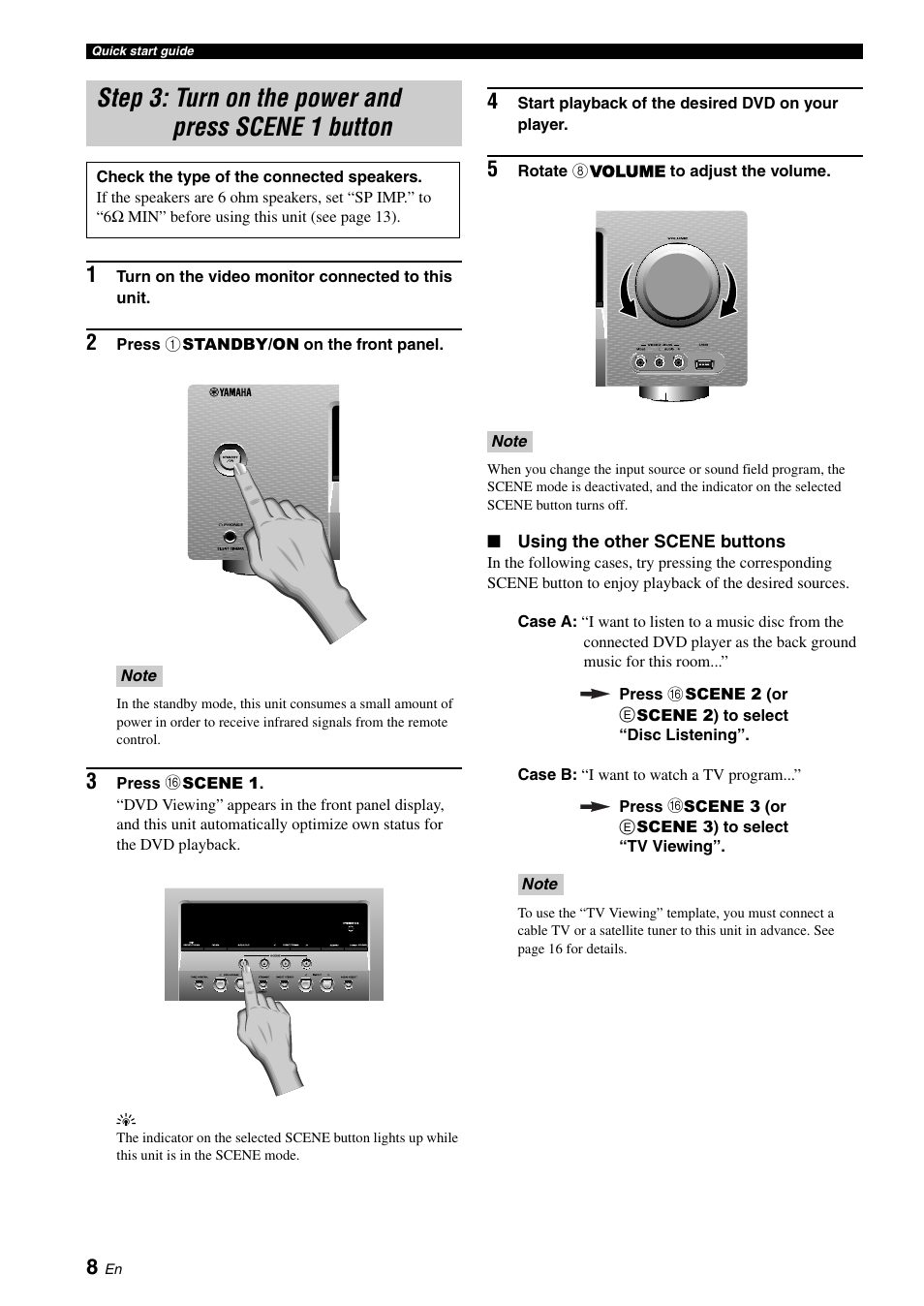 Step 3: turn on the power and press scene 1 button | Yamaha RX-V561 User Manual | Page 12 / 86