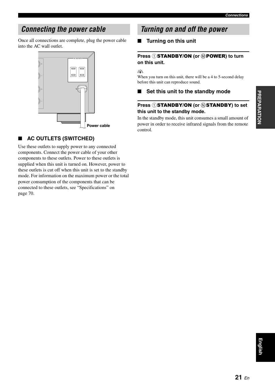 Connecting the power cable, Turning on and off the power | Yamaha RX-V561 User Manual | Page 25 / 86