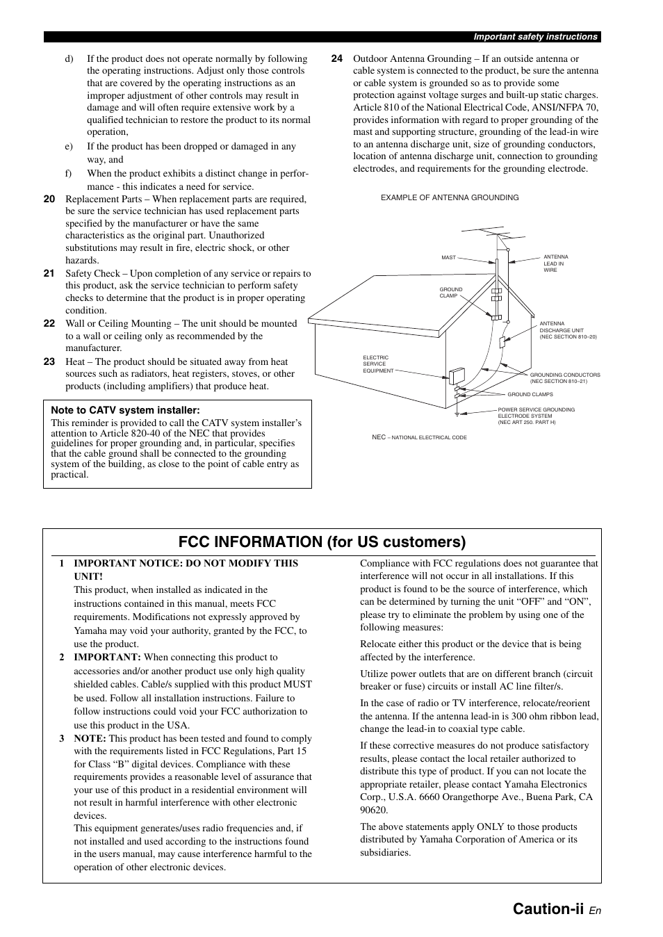 Caution-ii, Fcc information (for us customers) | Yamaha RX-V561 User Manual | Page 3 / 86