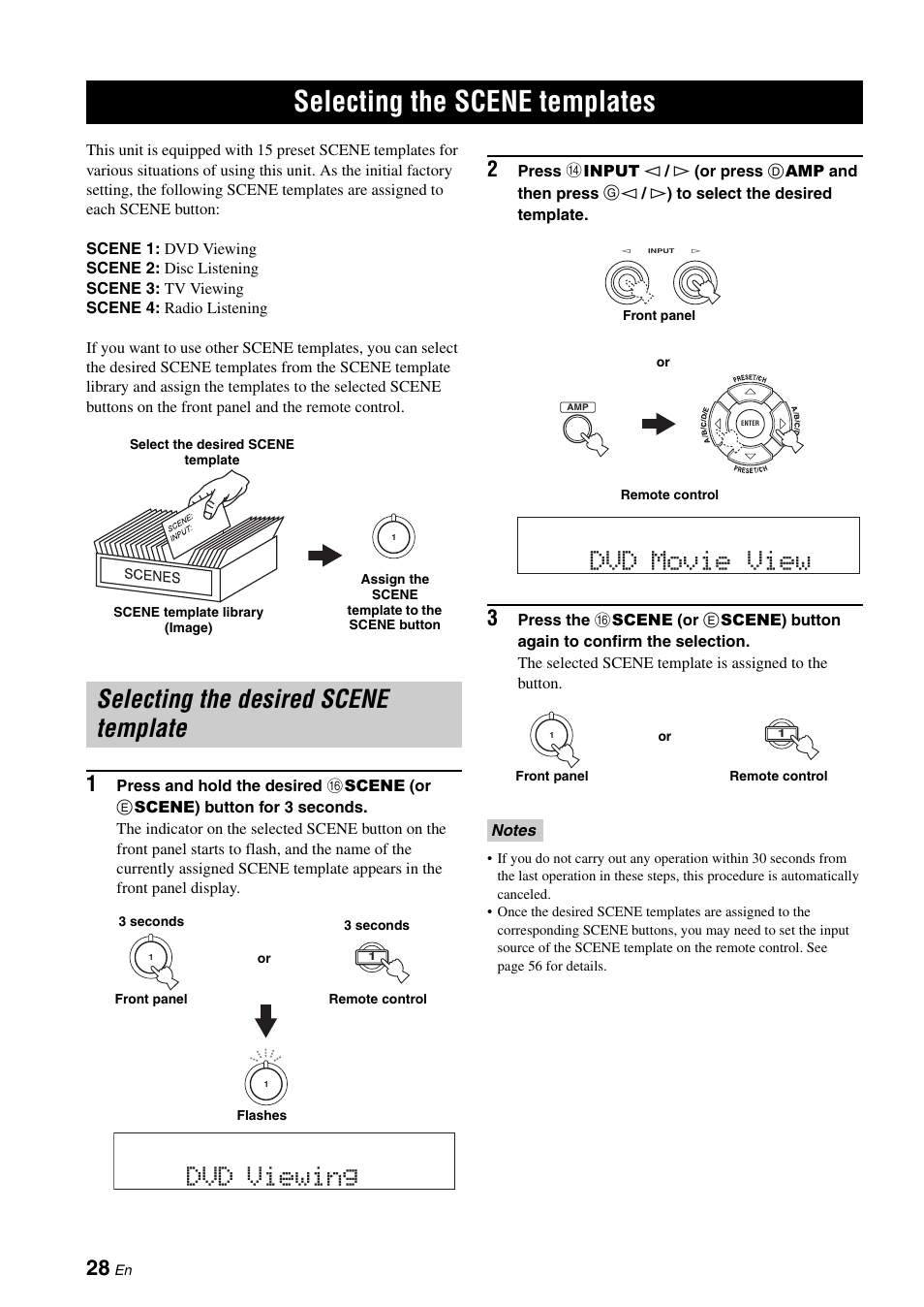 Selecting the scene templates, Selecting the desired scene template, Dvd movie view | Dvd viewing | Yamaha RX-V561 User Manual | Page 32 / 86